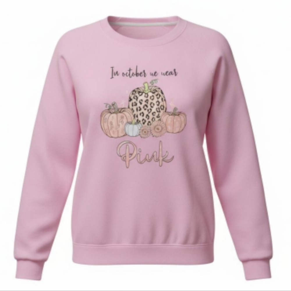 In October We Wear Pink Graphic Sweatshirt with Pumpkin Design - NWOT